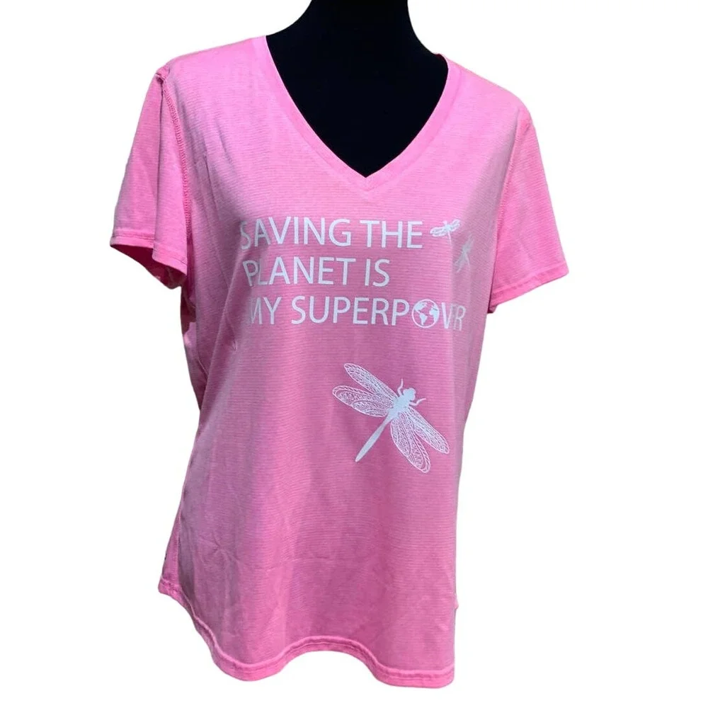 Hand Printed Upcycled 2X Saving the Planet Dragonfly Superpower Short Sleeve Tee - Picture 2 of 4